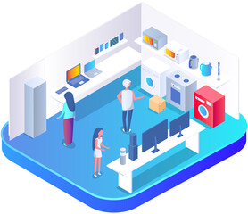 Home appliances and domestic equipment store in shopping mall, washing machine, refrigerator for home use, microwave and kettle for kitchen room. Electronic retail, exhibition of new models of device
