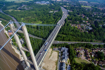 aerial view of cars and lorry traveling on the north side Humber Bridge. Hessle. UK