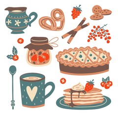 Tea time elements with homemade baked desserts. Vector set.