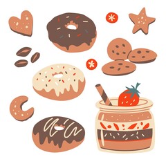 Donuts, cookies and jar dessert elements. Vector set.