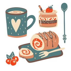Hot beverage mug and desserts elements. Vector hand drawn set.