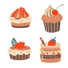 Dessert set. Cupcakes and mini tarts. Vector hand drawn elements.
