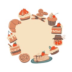 Round frame with dessert elements. Vector wreath.