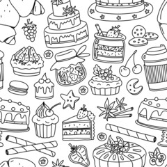 Pastry bakery seamless pattern. Vector doodle background.