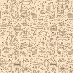 Seamless pattern with dessert pastry bakery elements. Vector doodle background.