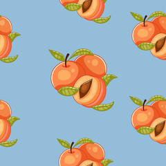 Summer fruit pattern. Fresh garden fruits doodle, organic biological vegan food on blue background. Cute cartoon vector illustration.