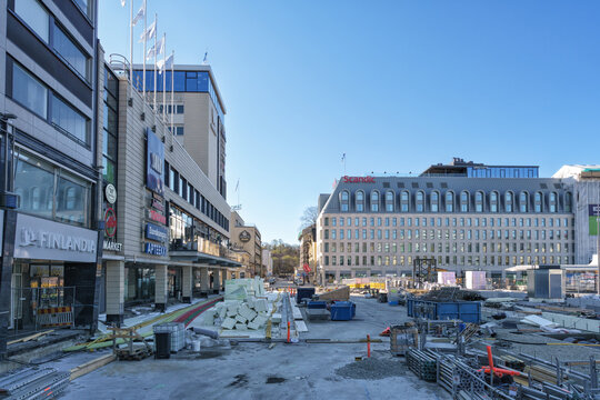 Turku, Finland - May 8, 2022: A new hotel has been built in Turku, but the square area is still very much a work in progress. The new market square (Kauppatori) is due to be completed in summer 2022.