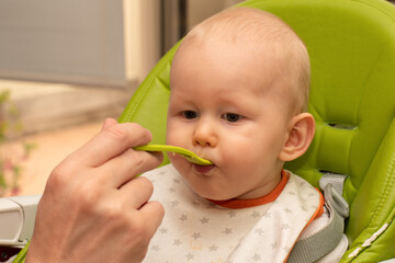 Father feeding baby with spoon full of apple puree. Baby first soilds. Weaning.