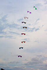 Kite in the sky, Wind Festival Penvins Sarzeau, Fête du Vent. Nine individual kites follow each other in a perfect ballet.