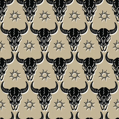 folk skull buffalo and sun native vector seamless pattern