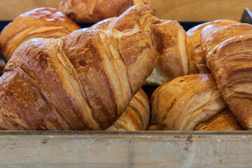 Juicy and tasty pastries in a bakery closeup.