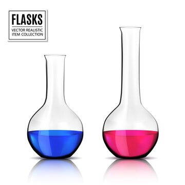 Round bottom chemical flasks - laboratory glassware, isolated on white background; 3d illustration, vector, eps 10