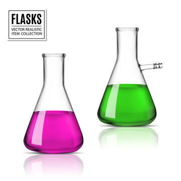 Chemistry lab glass beaker with green and purple liquid isolated on white background, realistic science experiment flask holding chemical liquid - vector illustration.