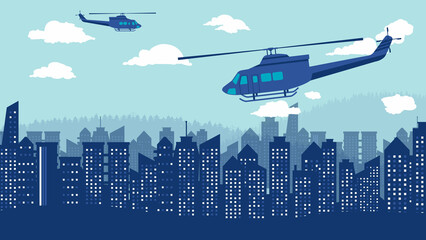 flat cartoon side view of utility helicopter in the sky and city tower