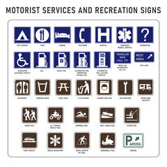 Set of US motorist services and recreation signs	
