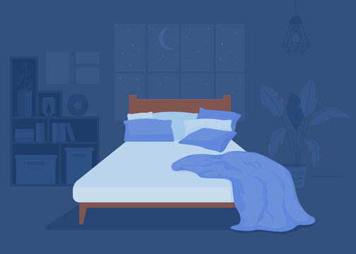 Dark bedroom with unmade bed flat color vector illustration. Messy blanket and pillow. Disheveled bed. Fully editable 2D simple cartoon interior with cozy atmosphere and nighttime on background