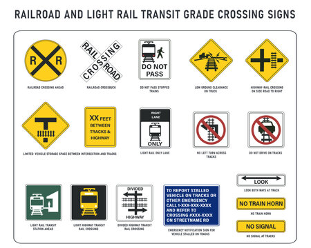 Set of US railroad and light rail transit grade crossing signs	