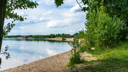 A calm summer day at the Cospudener Lake in Leipzig, Germany