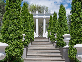 Staircase with ornamental trees and old-fashioned stone vases in natural park