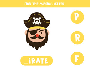 Find missing letter with cute pirate. Spelling worksheet.