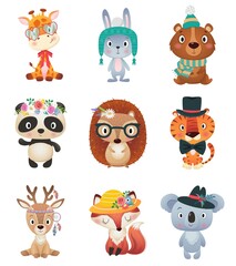 Collection of cute animal faces or heads wearing glasses, hats, headbands and wreaths. Set of various cartoon muzzles isolated on white background. Colorful hand drawn vector illustration