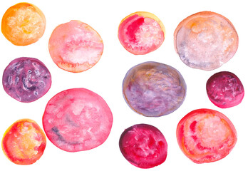 Unusual bright watercolor geometric pattern. Space wallpaper in a peach-purple gradient. A set of isolated images of fantastic planets with a stone texture. Volumetric bubbles with white highlights.