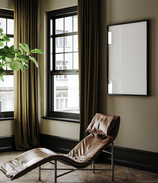 Mockup frame in American living room interior, loft apartment, 3d render