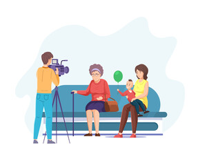 Photographer with camera shooting family sitting on sofa. Grandma, mom and son looking at camera, dad recording video. Male photographer working at studio, family video blog flat vector