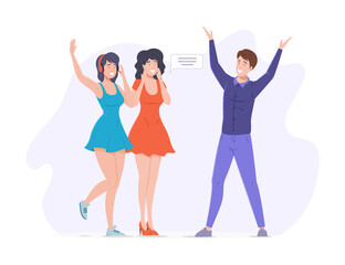 Obraz premium Happy friends or colleagues chatting or talking together. Cheerful emotional people standing and communicating with their hands raised. Friendship, relationship, dialogue between employees 