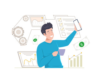 Smiling businessman analyzing financial data and managing income. Man using smartphone app for studying infographic, investing, planning, client interaction. Financial management, analysis 