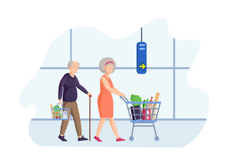 Senior man and woman shopping in grocery store. Elderly couple purchasing for groceries. Old man with walking cane carrying basket, woman pushing shopping cart full of products flat vector