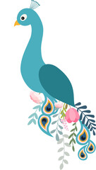 Flower Peacock illustration with beautiful pink flowers and roses