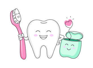 Cute cartoon tooth character with toothbrush and dental floss. Dental care concept. Vector illustration.