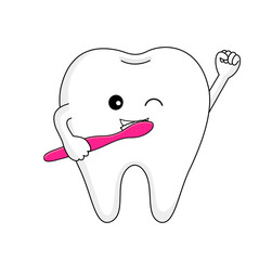 Cute cartoon tooth character with toothbrush. Dental care concept. Vector illustration.