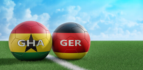 Germany vs. Ghana Soccer Match - Leather balls in Germany and Ghana national colors. 3D Rendering 