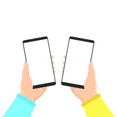 Two hands holding a phone with message, icons and emoji. Communication concept on white background. Concept of social networks. vector flat cartoon illustration for website and banner design. 