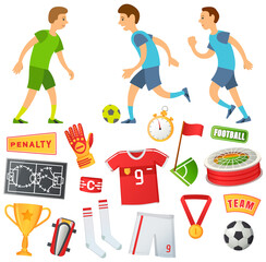 Boy soccer football player. Kids future dream professional sportive career illustration with football attributes uniform and awards, scoreboard and stadium stopwatch and gate field team championship