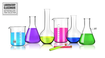 Realistic vector laboratory glassware with liquids of different colors with reflections on table. 3d illustration - 511028357