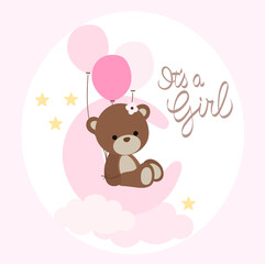 Bear on the moon in pink for a baby girl
