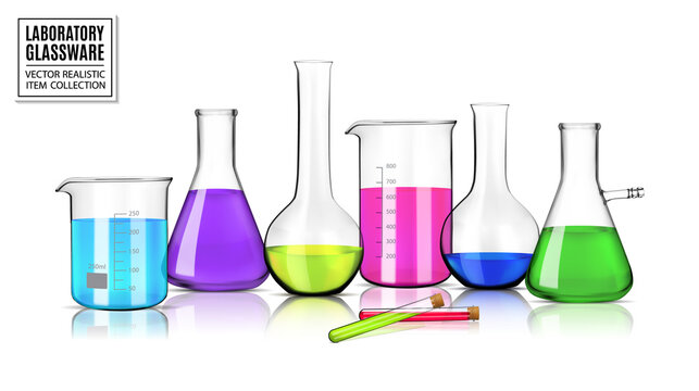 Realistic vector laboratory glassware with liquids of different colors with reflections on table. 3d illustration