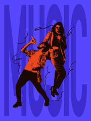 Poster graphics. Contemporary art collage. Young musicians performing, singing isolated over blue...