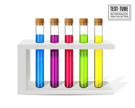Colored liquids in five test tubes isolated over white background. Realistic vector, 3d illustration