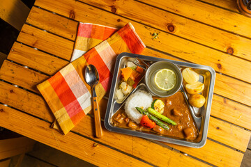 カレーライス　Curry and rice at the campsite outdoors