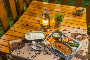 カレーライス　Curry and rice at the campsite outdoors
