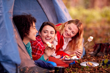 Group Of Female Friends On Camping Holiday In Forest Lying In Tent Eating S'mores
