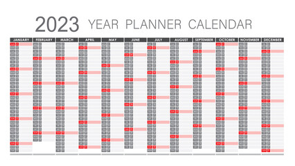 2023 Year Planner - Wall Planner Calendar Red and grey Color- Full Editable - Vector