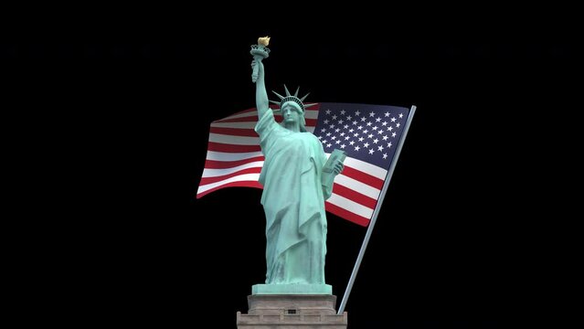 Statue of liberty and USA flag – 3d render looped with alpha channel.