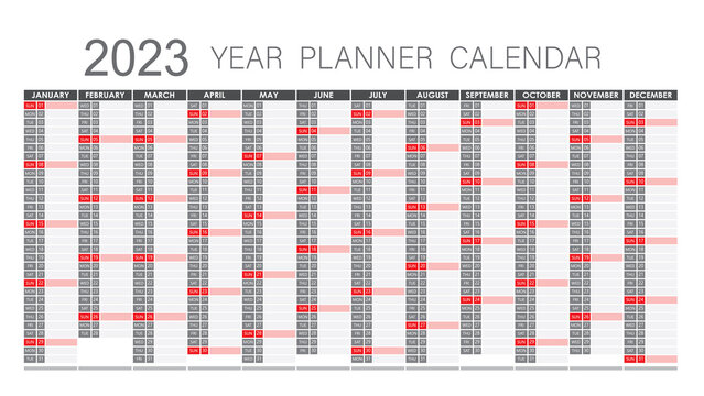 2023 Year Planner - Wall Planner Calendar Red and grey Color- Full Editable - Vector