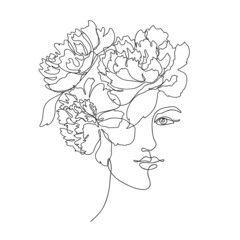 Woman profile with peony flowers in her hair. Portrait female beauty concept. Continuous line drawing vector illustration