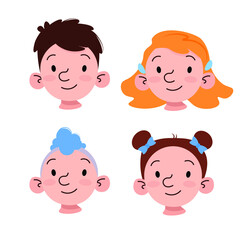 Set of different faces of children with different hairstyles and different hair colors